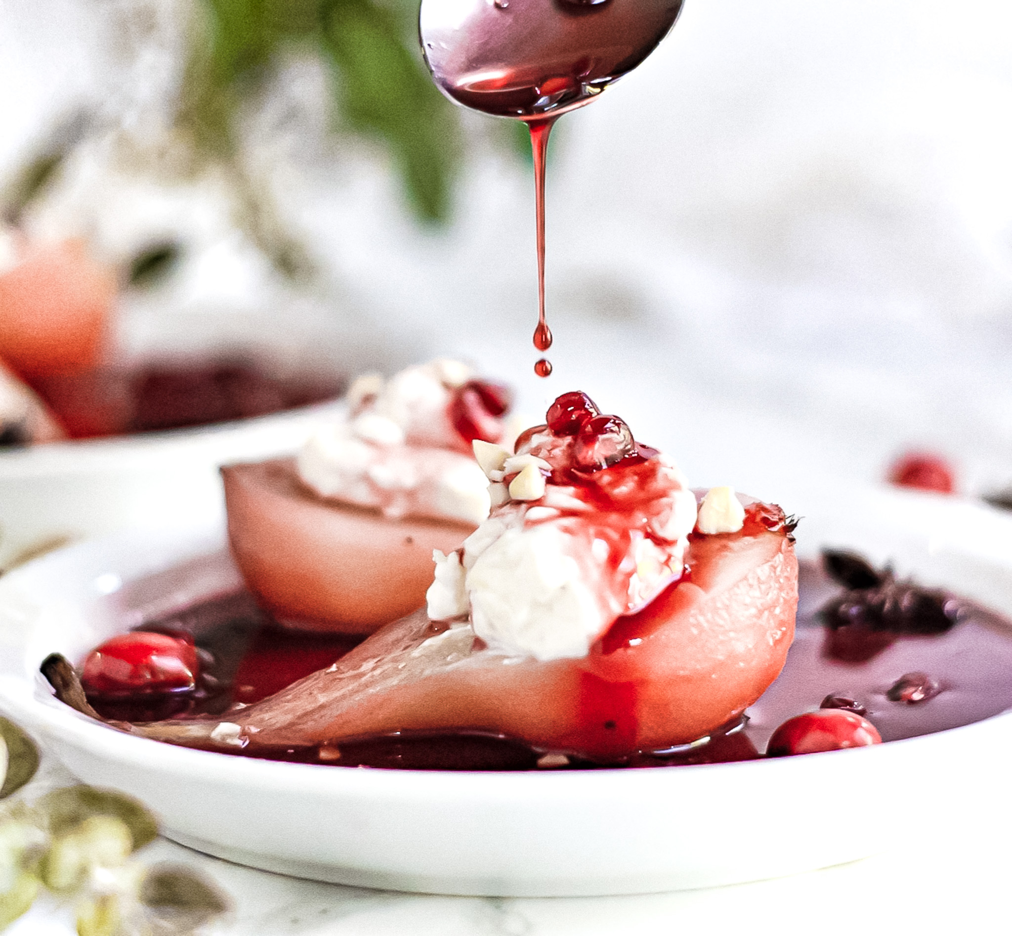 Scrumptious Spiced Pomegranate Poached Pears - Sweet Savory Sour